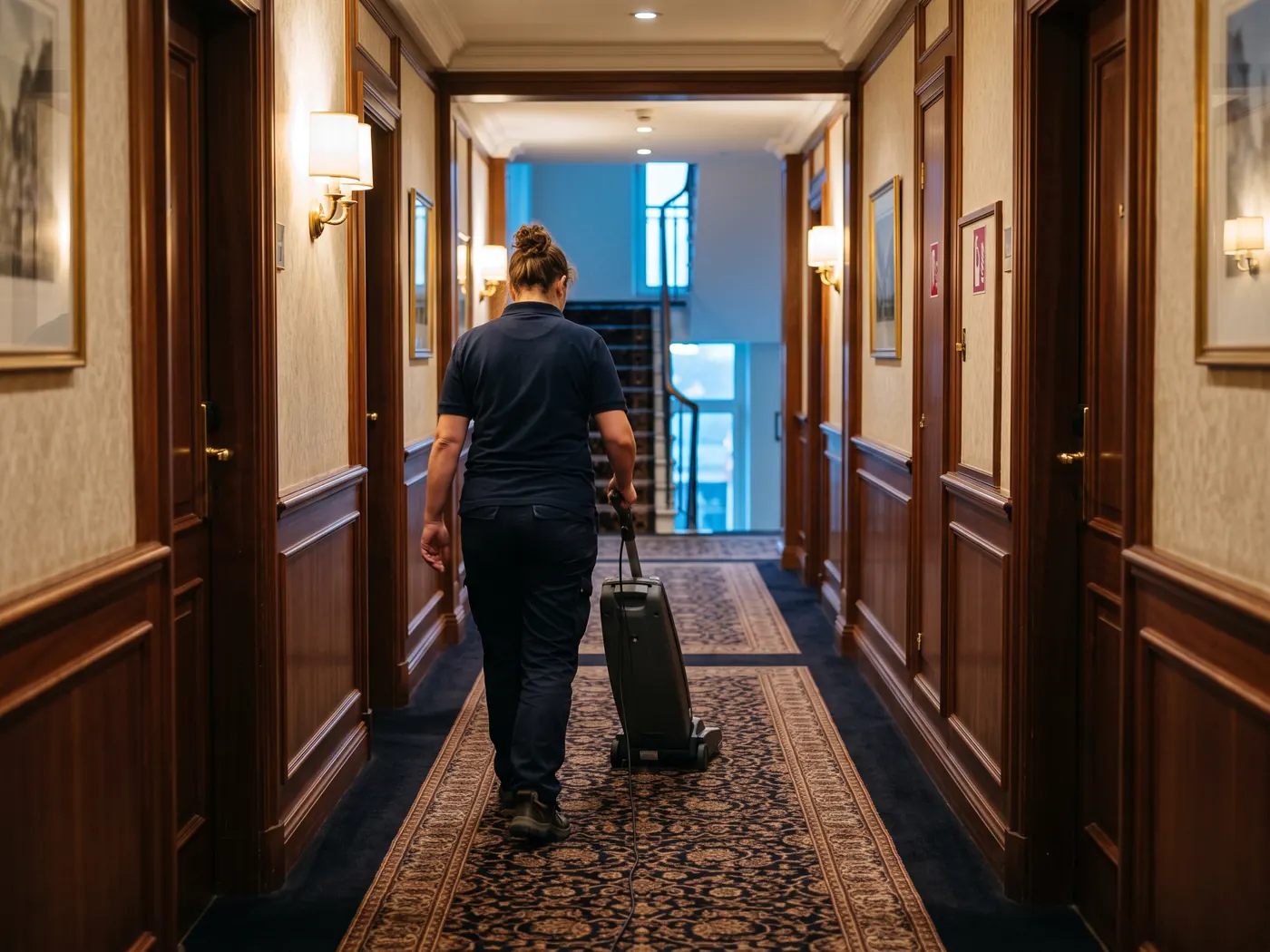 Hotelflur in Hamburg wird am frühen Morgen gesaugt