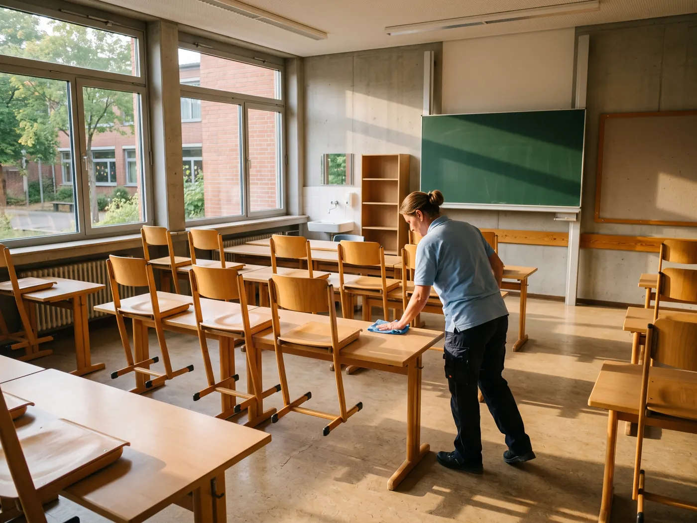 Klassenraum einer Hamburger Schule wird am Nachmittag gereinigt